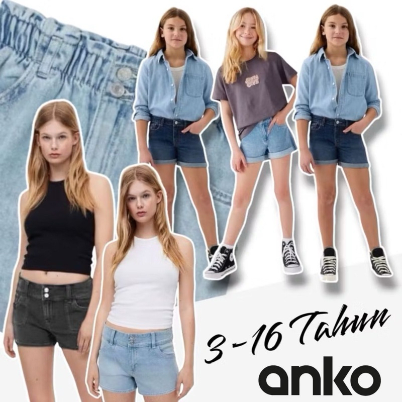 Celana Jeans Pendek Fashion Anak Perempuan Anko Branded Original 3-16Tahun 3254