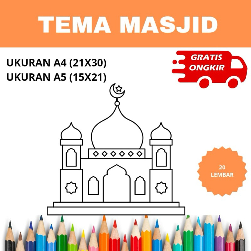 Lembar Kertas Mewarnai Anak - Tema  Masjid