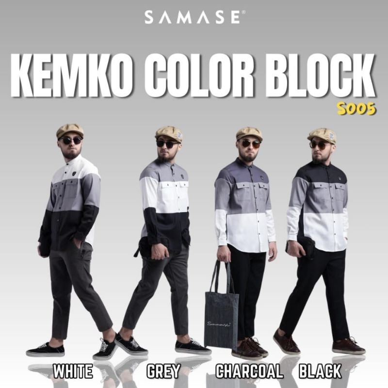 SAMASE Kemko Color Block U138P Kemeja Koko Baju Pria Lengan Panjang