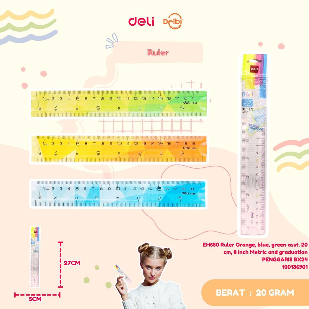 

EH650 Ruler Orange, blue, green asst. 20 cm, 8 inch Metric and graduation PENGGARIS