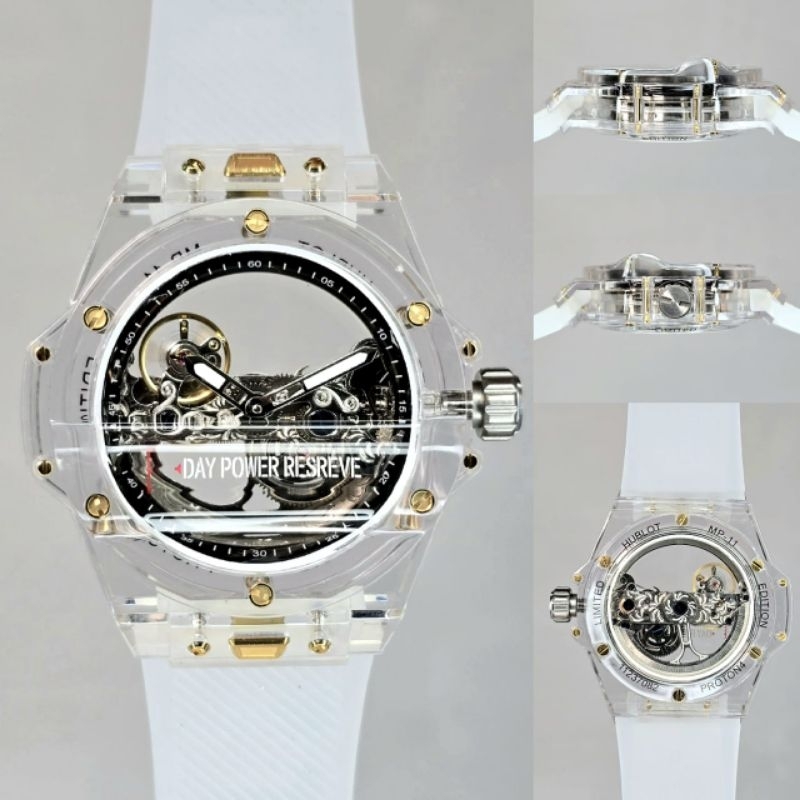 JAM TANGAN PRIA HUBLOT TRANSPARANT BRIGDE WHITE AUTOMATIC JAPAN SUPER QUALITY DIAMETER 44MM