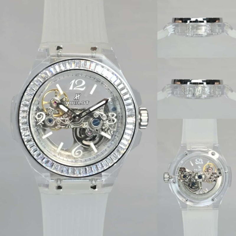 JAM TANGAN PRIA HUBLOT TRANSPARANT BRIGDE DIAMOND AUTOMATIC JAPAN SUPER QUALITY DIAMETER 44MM