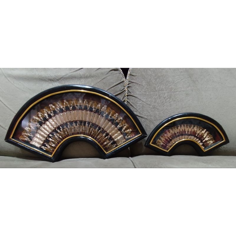 Pajangan Vintage (2 pcs) Kipas Tapis Lampung benang emas buatan tangan antik lawasan