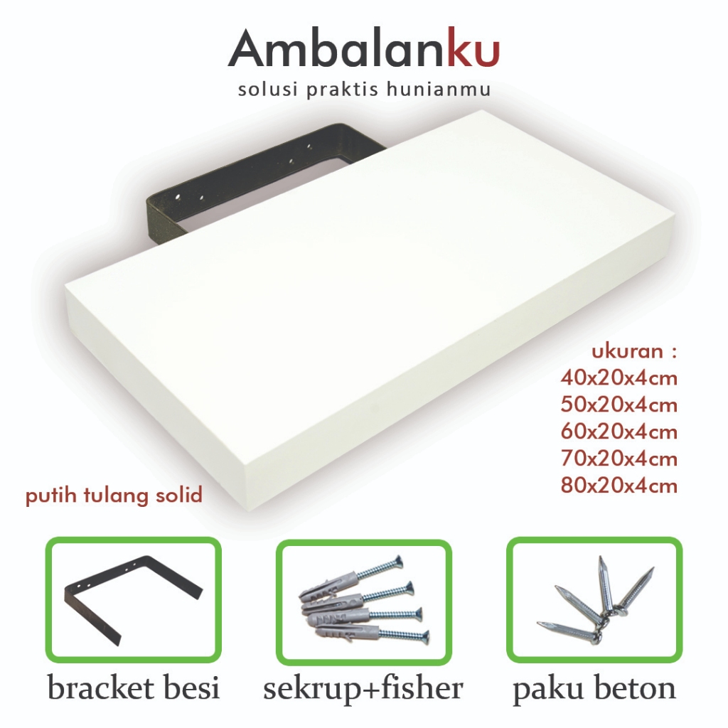 Ambalan dinding rak serbaguna ukuran 40x20x4 cm plywood pvc sheet besi kuat - putih tulang solid