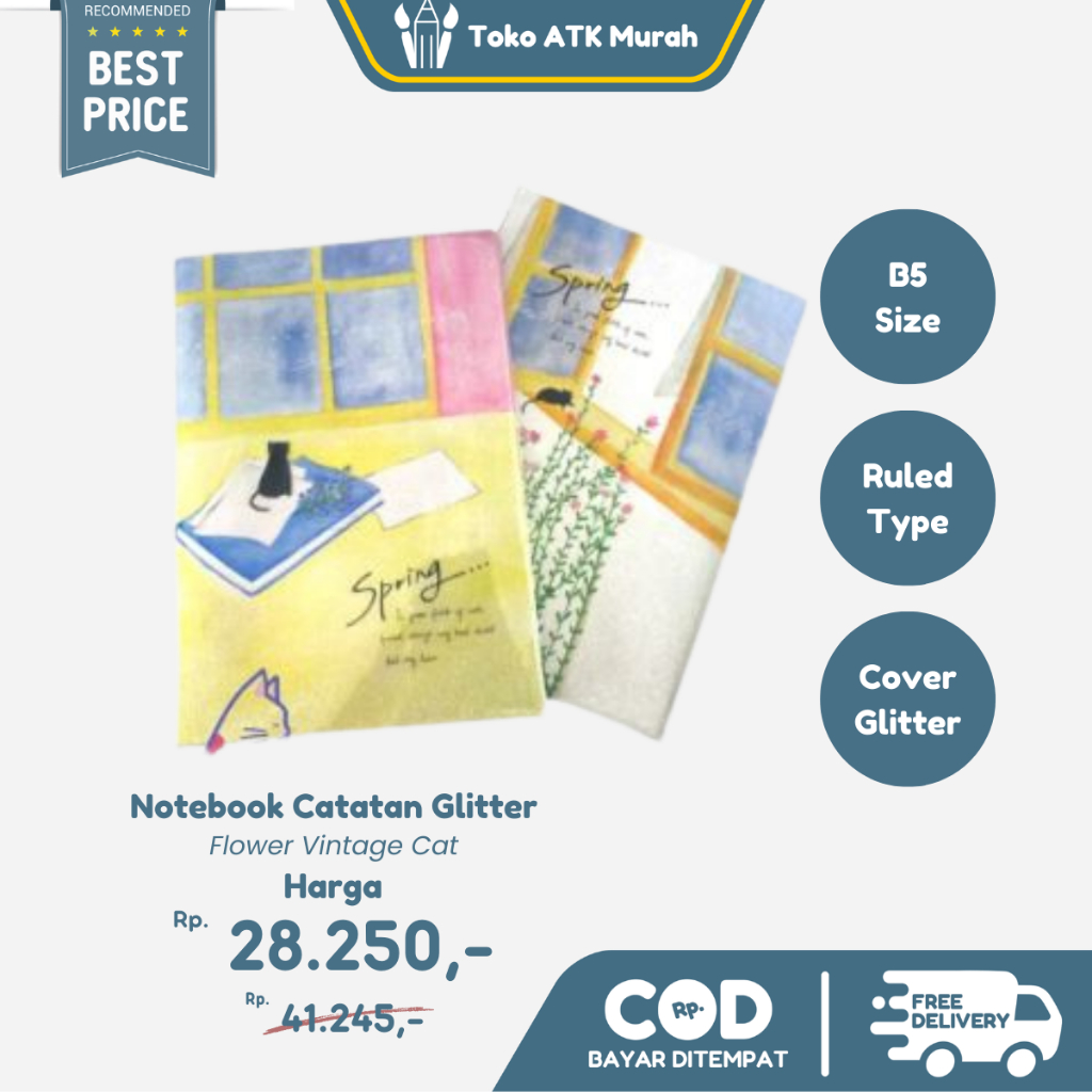 

Notebook Agenda Jurnal B5 Glitter Spiral Garis Flower Vintage Cat