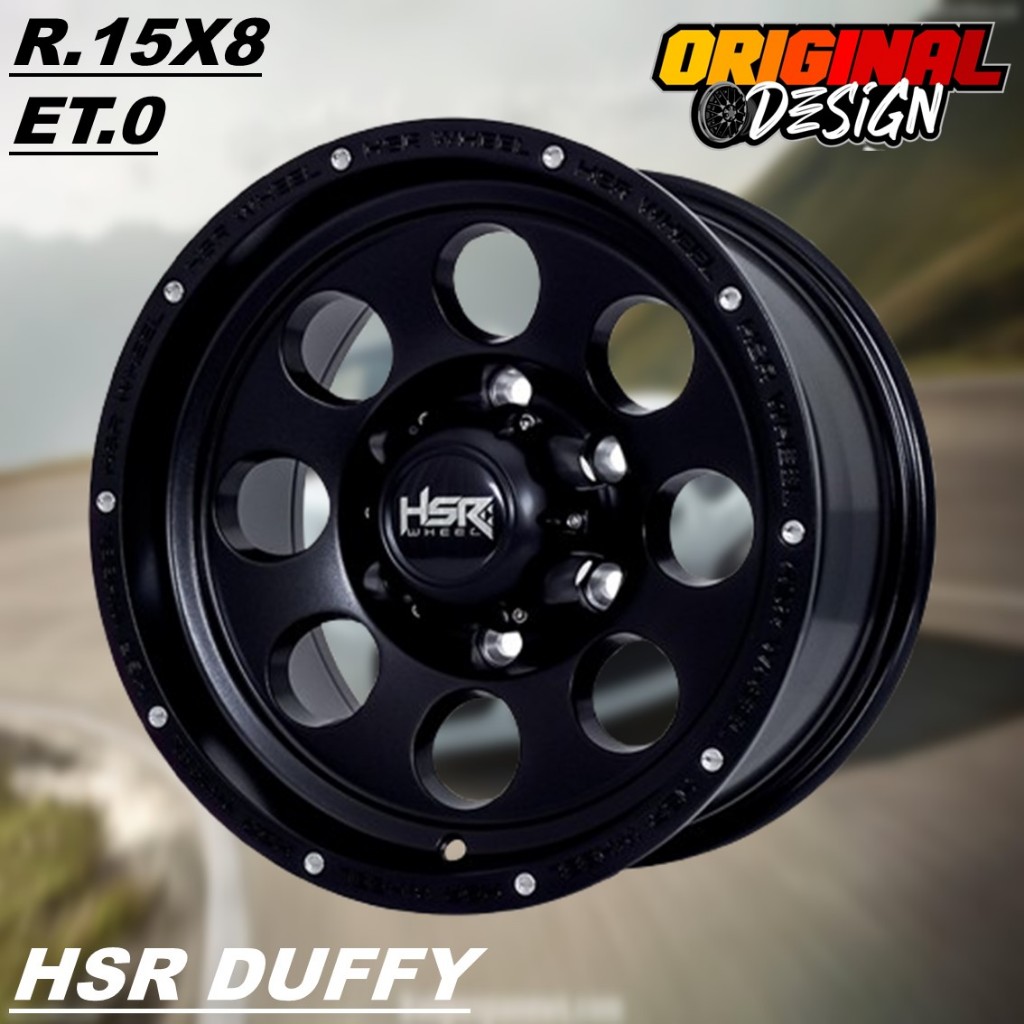 HSR DUFFY R15 warna hitam, Velg racing style offroad ring 15 pcd 6x139,7 lebar 8