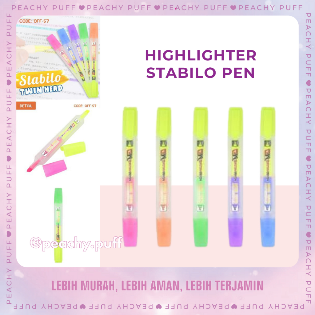 

Highlighter Stabilo Pen Twin Head (OFF-57) - Warna Pink, Orange, Green, Purple, Blue - Tinta Water Based Tahan Lama | ALAT TULIS HIGHLIGHTER STABILLO PEN TWIN HEAD (OFF-57)