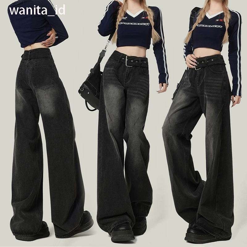 【wanita_id】Hitam Jeans Panjang Wanita Celana Jeans Panjang Wanita Celana Kulot Celana Highwaist