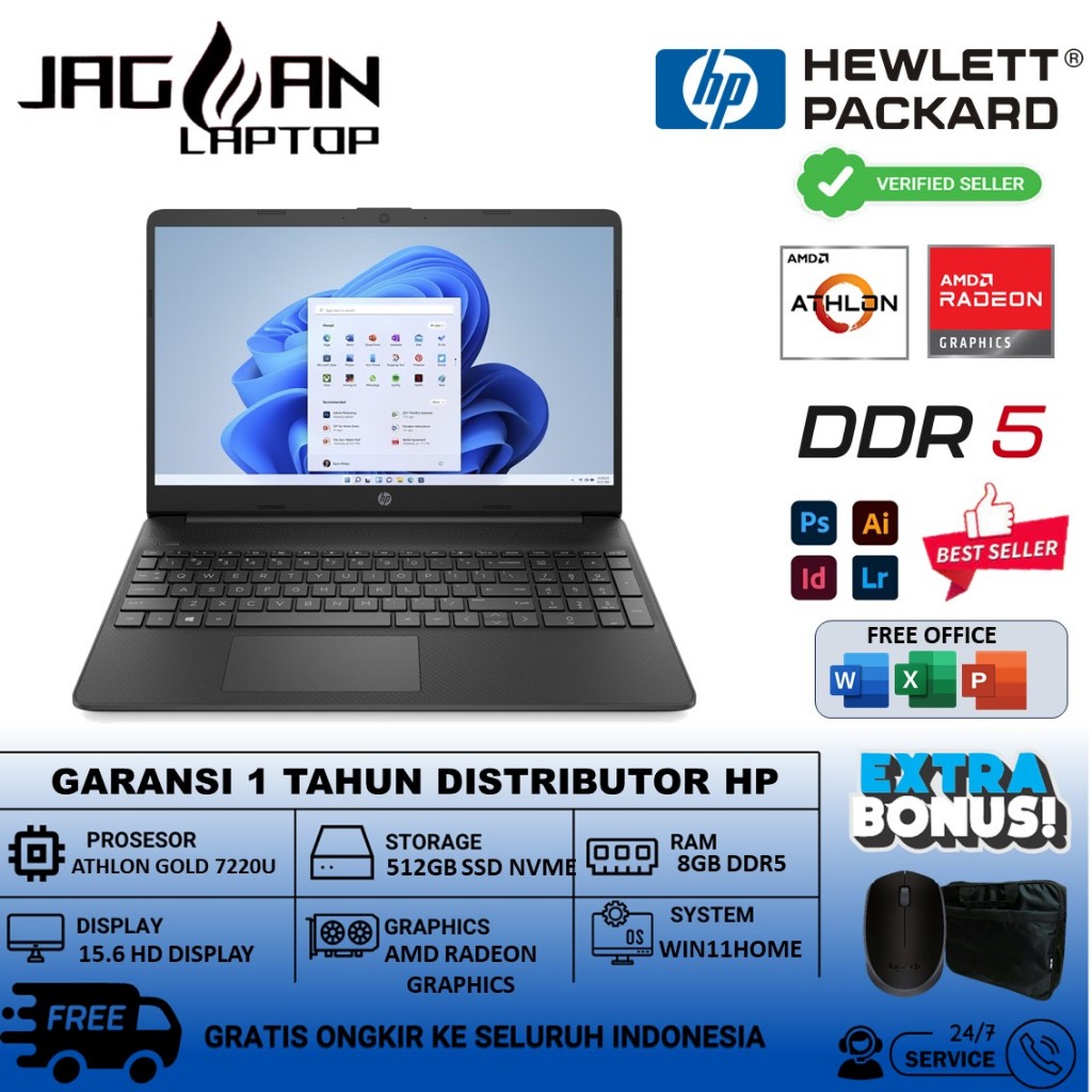 Laptop Gaming HP 15 AMD ATHLON GOLD 7220U 8GB DDR5 512GB 15.6 WIN11HOME BLACK