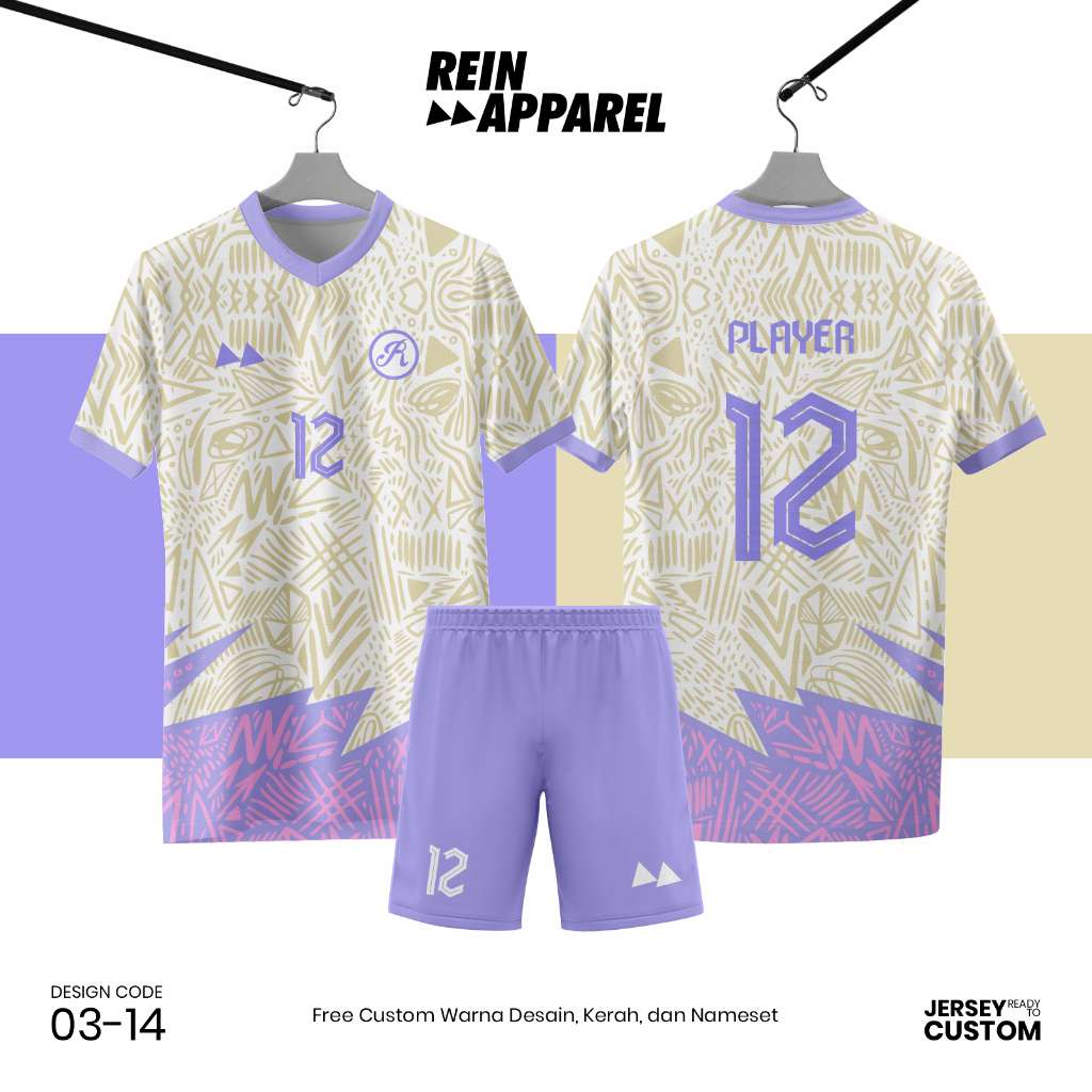 Jersey Bola Futsal Full Printing Kostum Nama/Nomor/Logo - 0314 Krem Ungu Lilac