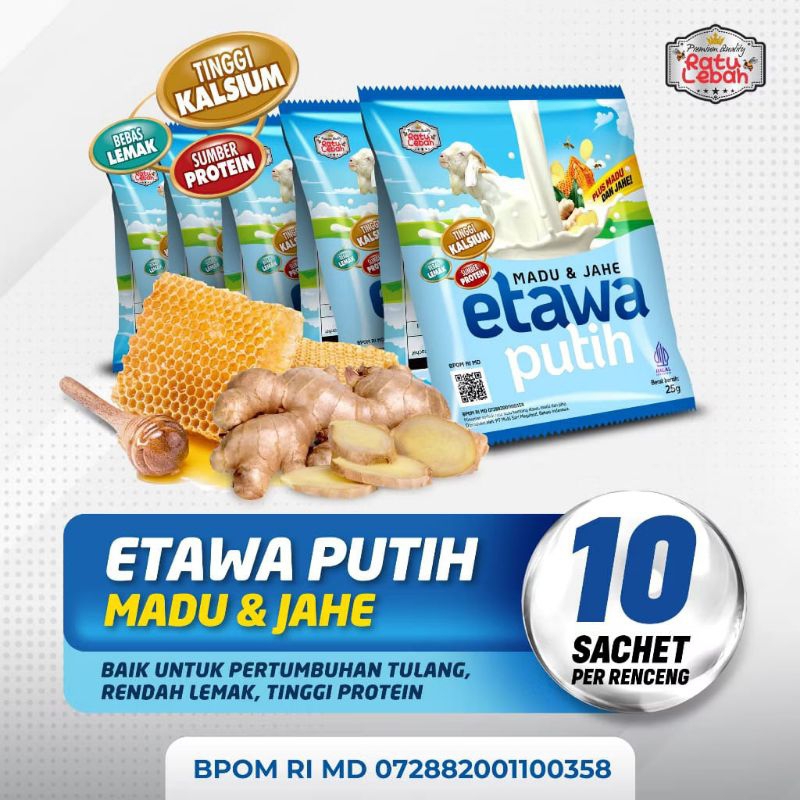 

Susu Kambing Etawa Putih Ratu Lebah Plus Madu & Jahe 1 Box Isi 10 Sachet / Susu Kambing Etawa Putih Ratu Lebah Rasa Jahe 10 Sachet
