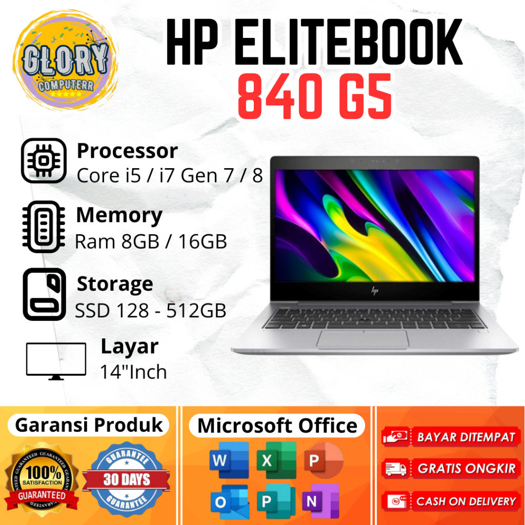 HP Elitebook 840 G5 Core i5 / i7 Gen 7 / 8 Ram 8GB / 16GB SSD 128GB / 256GB / 512GB, Layar 14"Inch