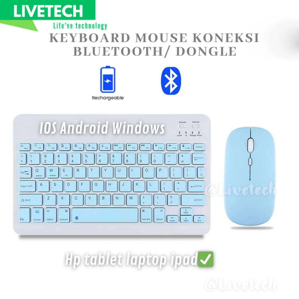 LIVETECH Keyboard Mouse 3in1 10 Inci Ringan Keyboard Bluetooth Wireless PC Tablet Android Hp Ipad