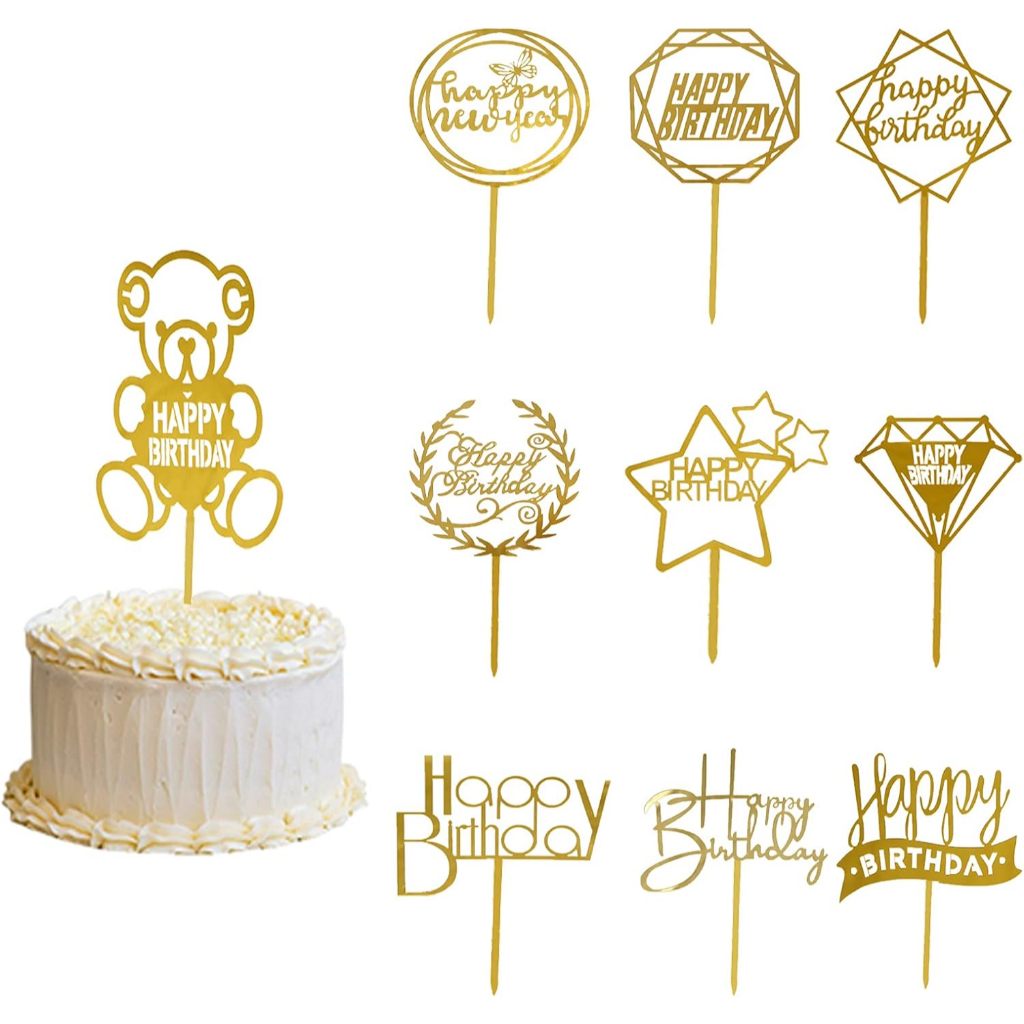 Topper Kue Ulang Tahun, Hiasan Kue, Ucapan Ulang Tahun Bahan Acrylic - Gold