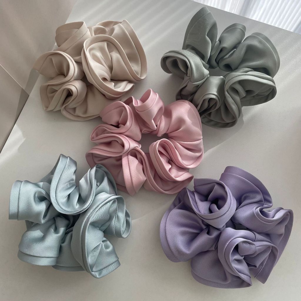 [CUCI GUDANG] FRENCH BIG RING SCRUNCHIE HAIR TIE KARET IKAT RAMBUT SILK SATIN WARNA POLOS COKELAT HI