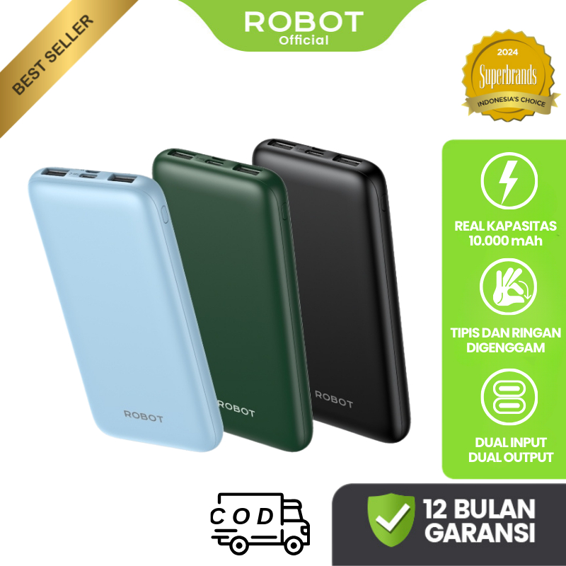 PowerBank ROBOT Real Kapasitas 10000mAh Dual Input Port Type C & Micro USB Ringan Digenggam Powerban