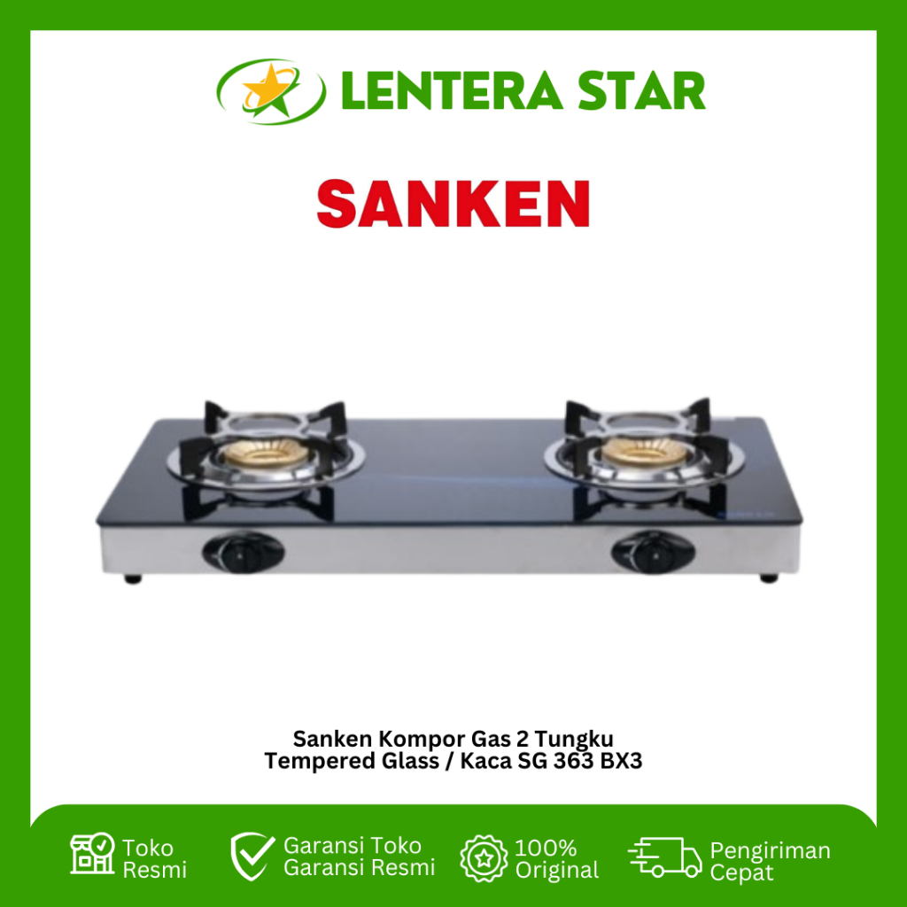 Sanken Kompor Gas 2 Tungku Tempered Glass / Kaca SG 363 BX 3 SG-363- BX-3 SG363BX3