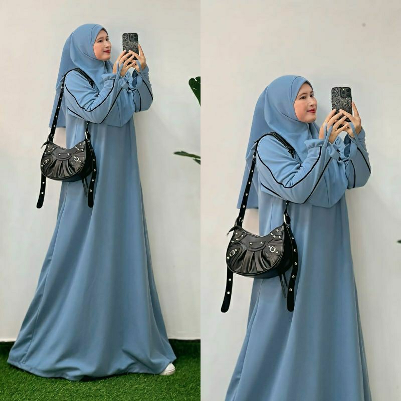 Tamara Hijab Set, setelan gamis + hijab bahan knit import fit to XXL ld 110-120 kancing busui termur