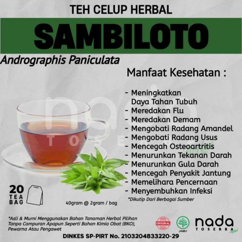 

Teh Celup Herbal SAMBILOTO Isi 20 Tea Bag | Flu, Batuk & Radang Amandel | Andrographis Paniculata