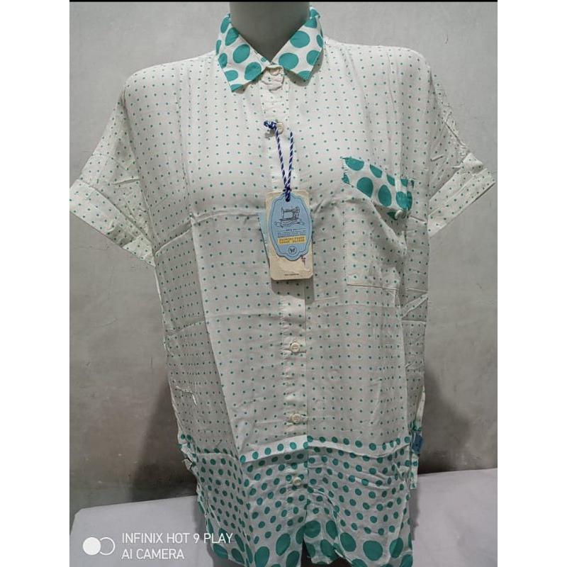 Promo Baju Kemeja Blouse Wanita MPD Emba  Dot Turquise Size M