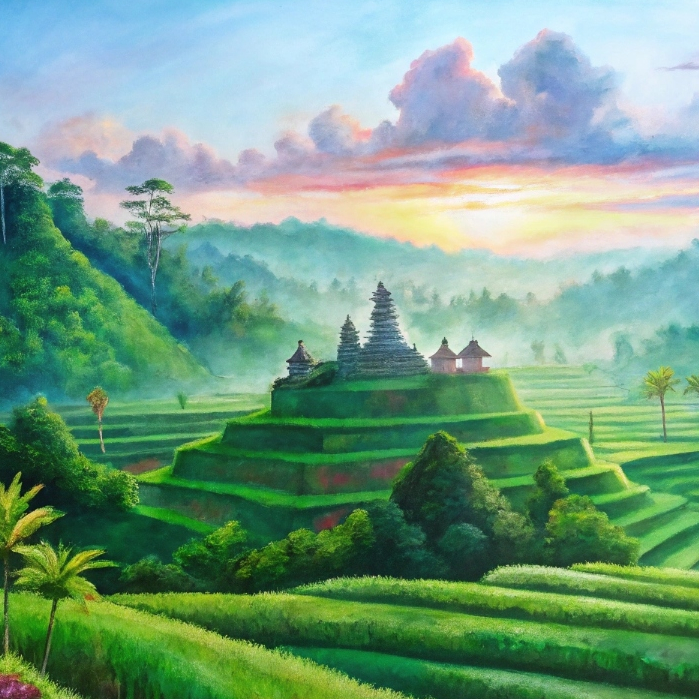 Lukisan Pemandangan Alam Ubud Bali: Keindahan Sawah Terasering dan Kedamaian Pagi