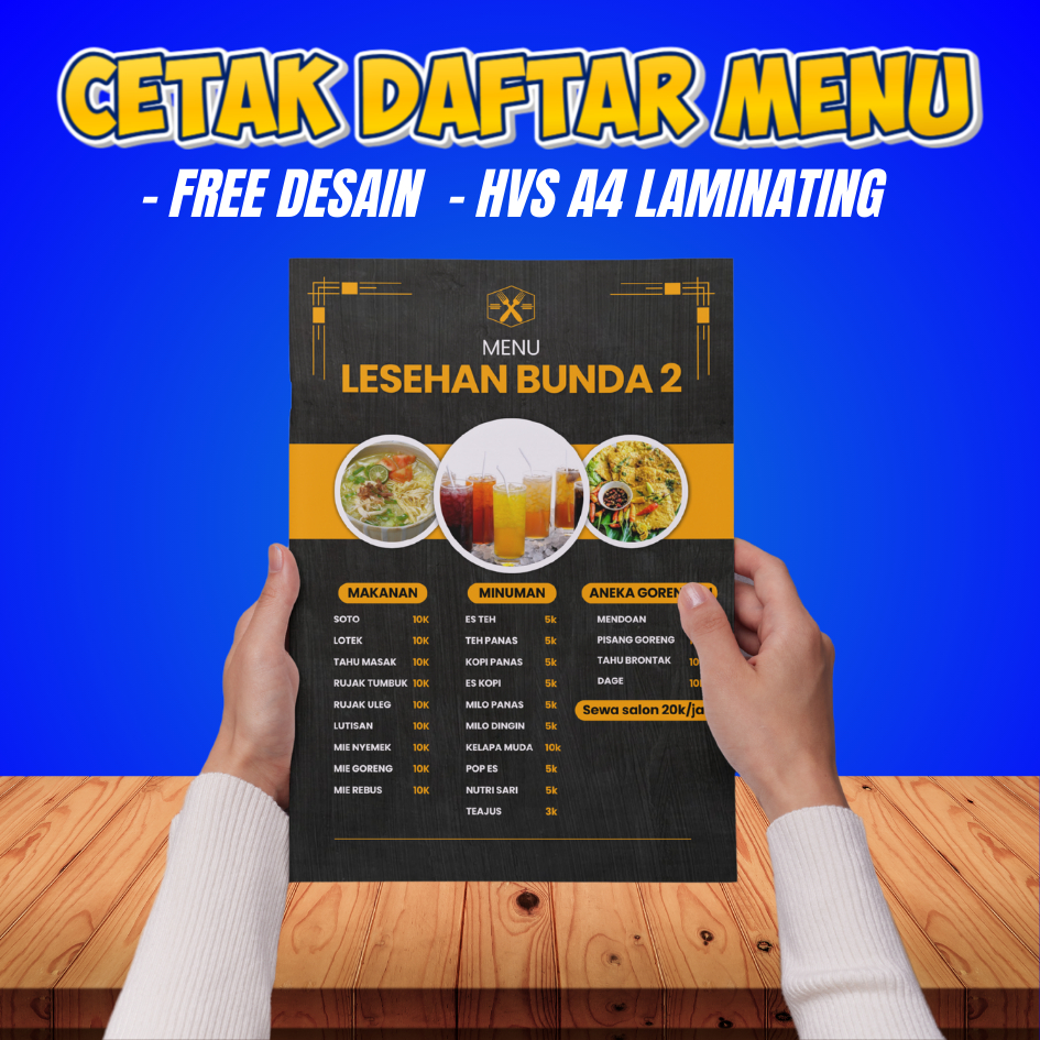 Cetak Daftar Menu Papan Menu Menu Resto A4 laminating