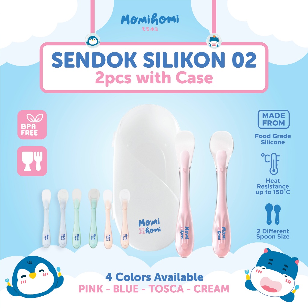 {BAHAN LEBIH TAHAN PANAS} Momi Homi Sendok Makan Bayi 02  Silikon Isi 2 pcs plus CASE Sendok Mpasi P