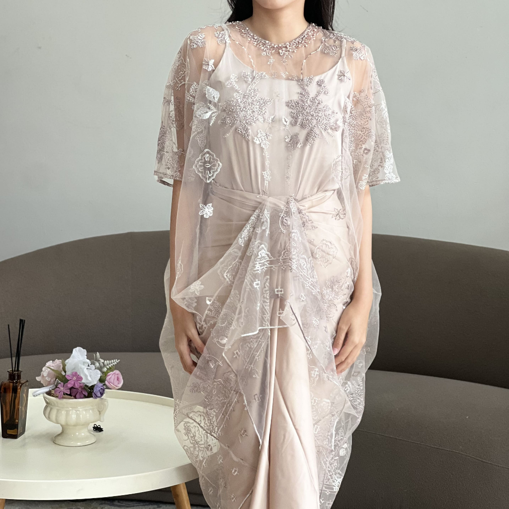 Dresshaus ALUNA Jasira Kaftan Top in Dusty Lilac | Atasan Kaftan Wanita Brokat Lace Tile Bordir Acar