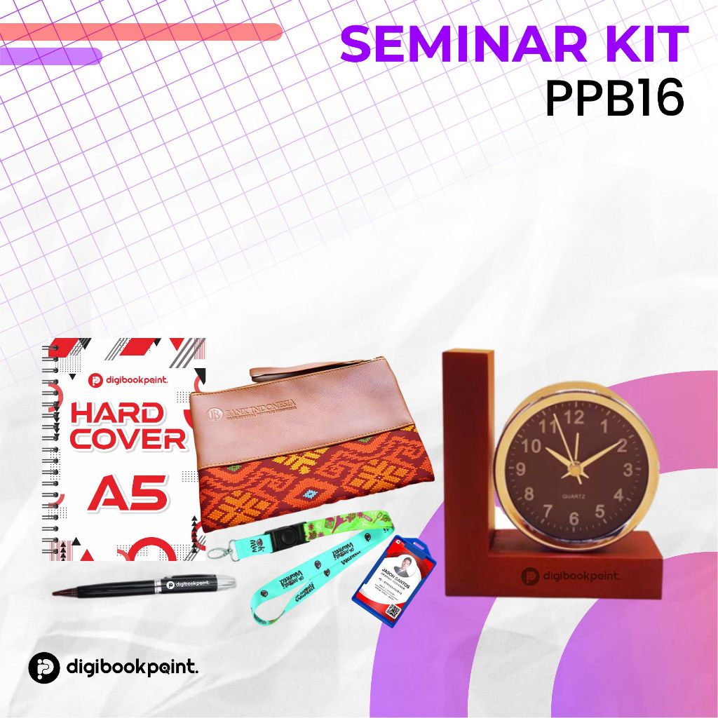 

Seminar Kit Custom PPB 16 | Pouch Kulit, Hard Cover Notebook, Pulpen Besi Grafir, Jam Meja Kayu, Paket Lanyard | Custom sesuai Desain