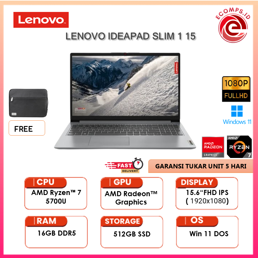 Lenovo Ideapad Slim 1 15 Ryzen 7 5700 16GB 512GB Dos 15.6FHD IPS