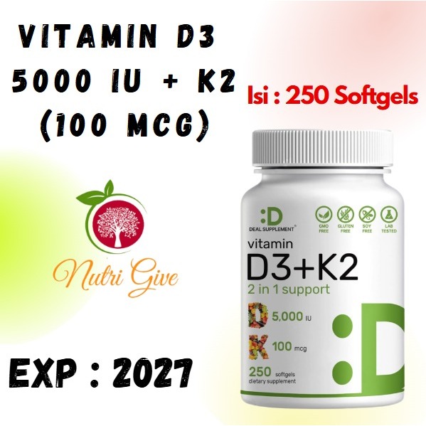 Deal Vitamin D3 5000IU + K2 100mcg (MK-4)(MK-7) isi 250 softgel 10.000iu K2 200mcg