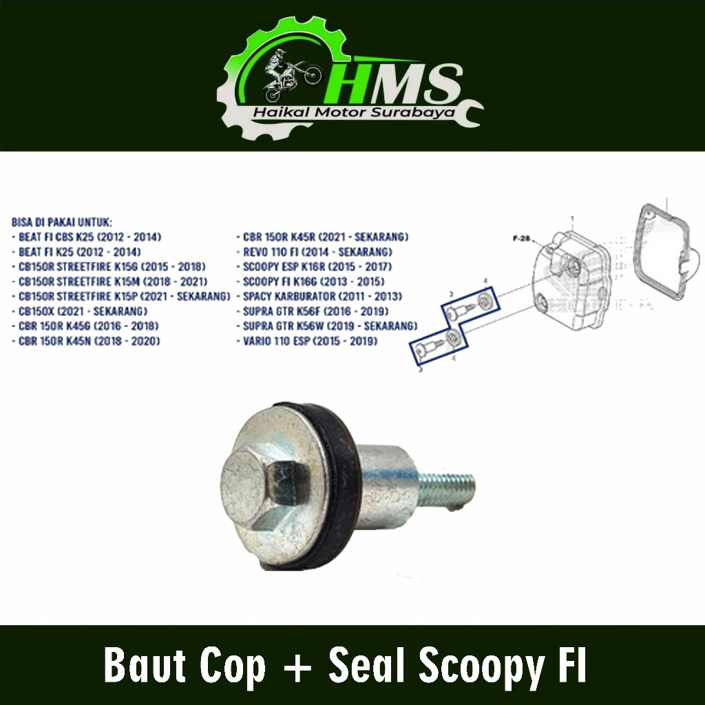 Baut Cop + Seal Scoopy FI - Baud Baut Tutup Silinder Head Kop + Karet Beat FI CB 150R Revo FI Spacy