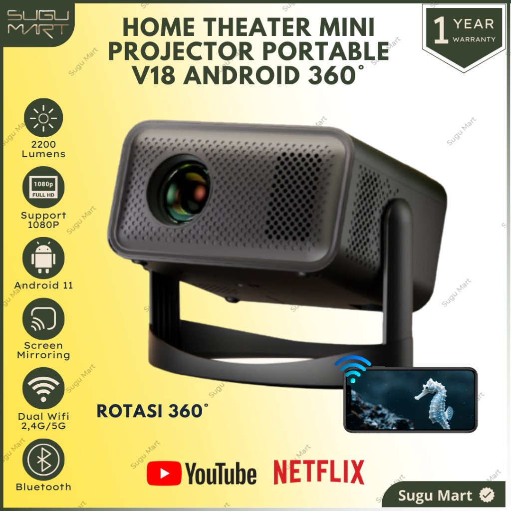 Proyektor Mini Aera V18 Proyektor Android 11.0 Full HD 1080p Proyektor Pintar Rotasi 360° Fokus Elek