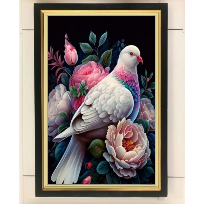 hiasan dinding lukisan cetak burung merpati dara plus figura ukuran 65*45