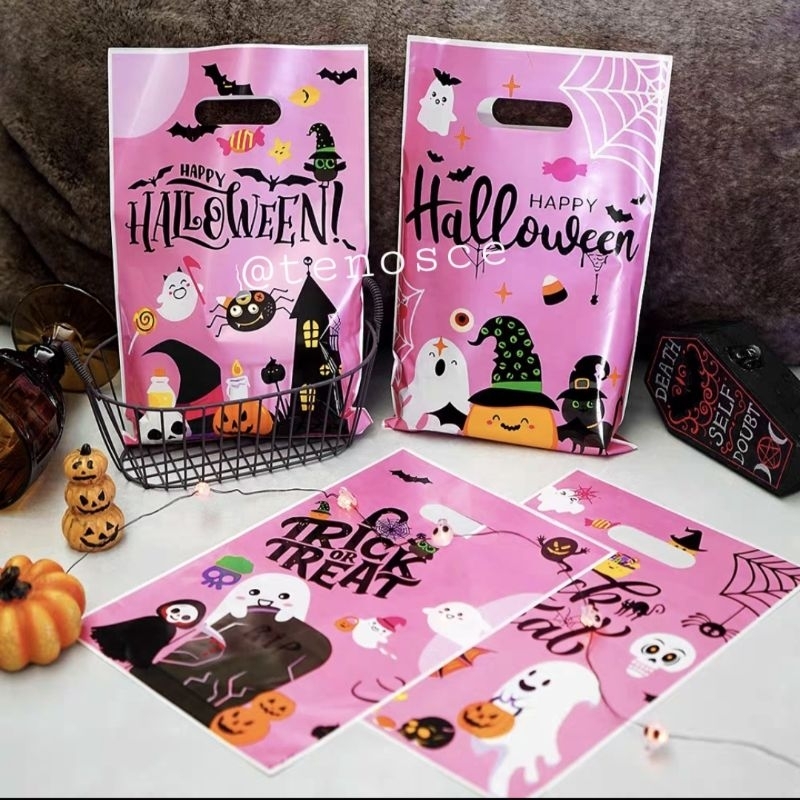 

50pcs Kantong Halloween Party Plastik Tenteng Plong Souvenir Kado Hadiah Cookies Permen Cokelat