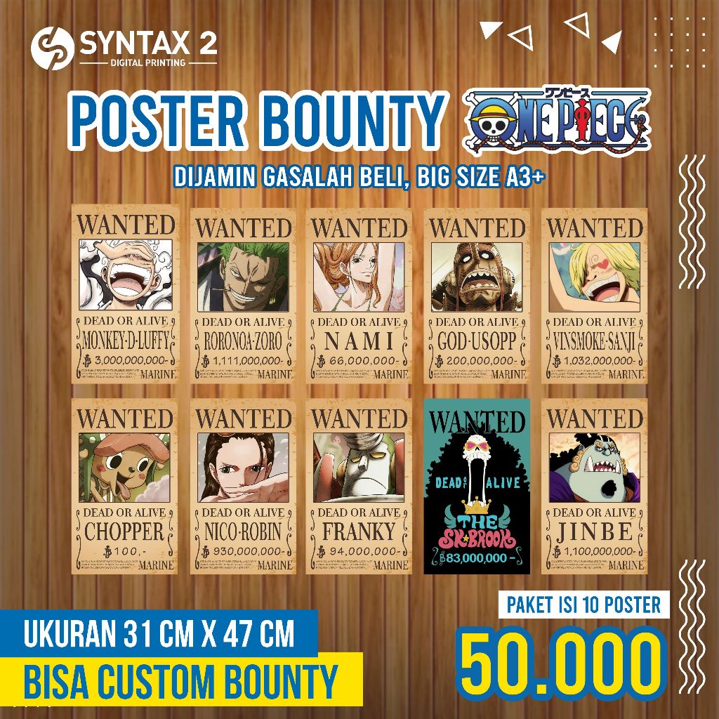 Poster Bounty One Piece Terbaru Poster Wanted Besar Ukuran A3+ 32x48 Bisa Custom Bisa Random Satuan