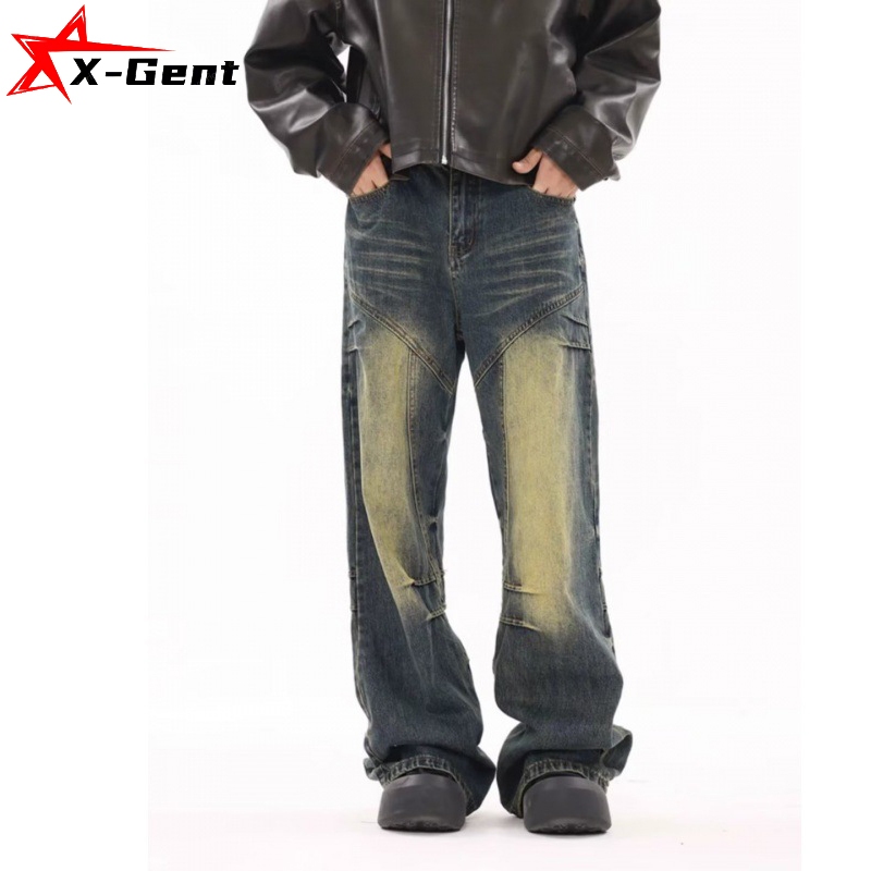 celana gombrong jeans biru retro S-5XL pria kulot jumbo baggy straight denim selvedge pants cowok