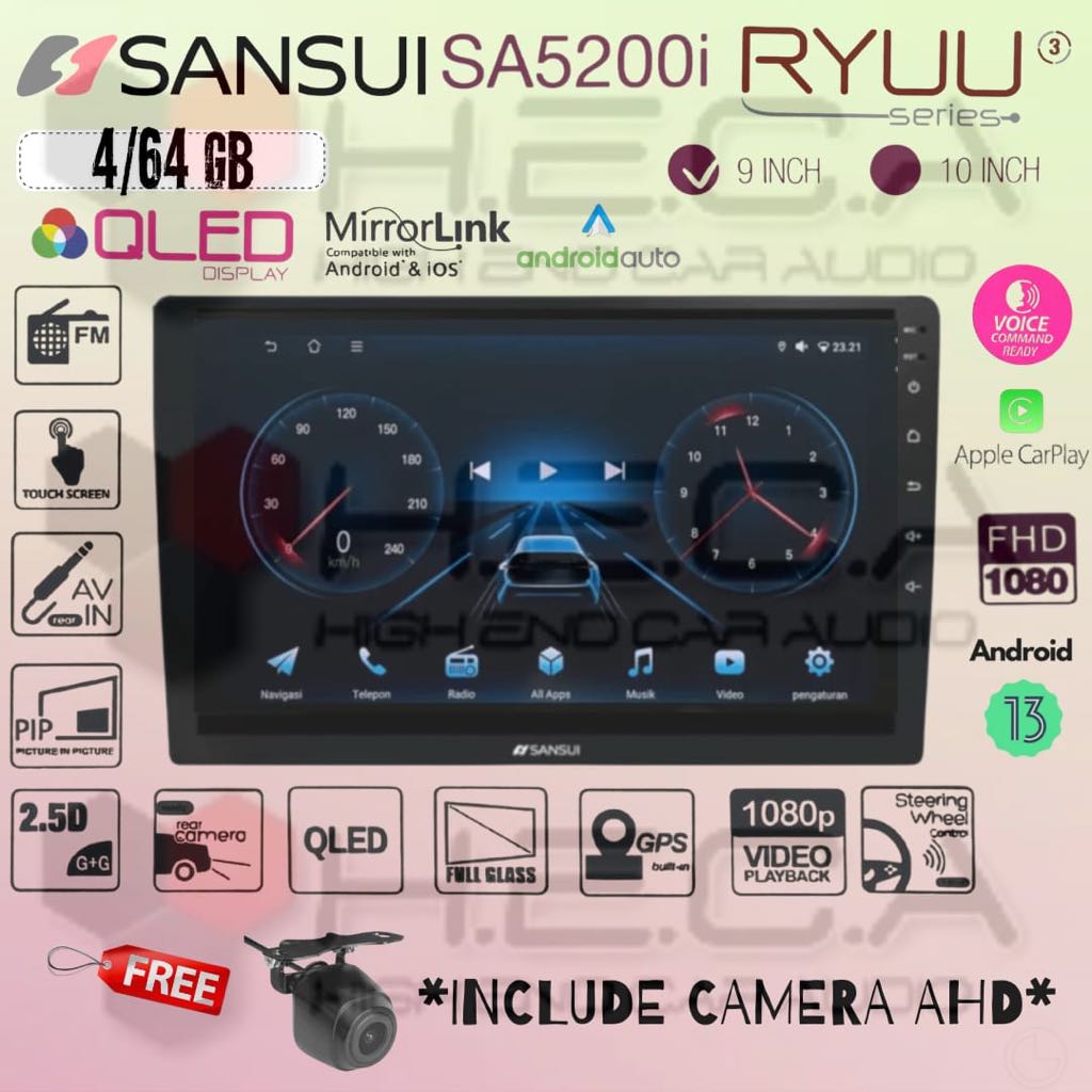 SANSUI RYUU QLED Gen3 4/64 GB Android G3 9" Inch SA-5200I Head Unit Tape TV Mobil Double din + Camer