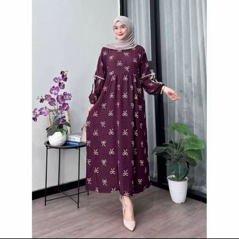 Aurel Dres Motif Pita Lengan Balon Rayon Gread A tebal Gamis Motif Terbaru Panjang simple