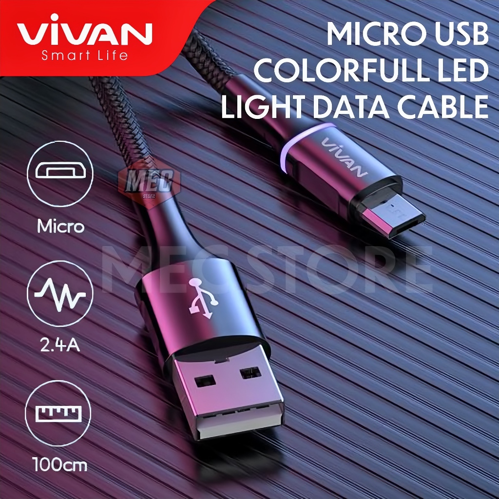 VIVAN VDM100 Black Nylon Kabel Data Micro Usb LED Fast Charging 2.4 Original Garansi 1 Tahun