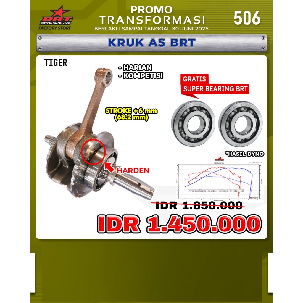 KRUK AS CRANKSHAFT BANDUL STROKE UP BRT - STROKE +6 MM (68.2 MM) - HONDA TIGER - BINTANG RACING TEAM