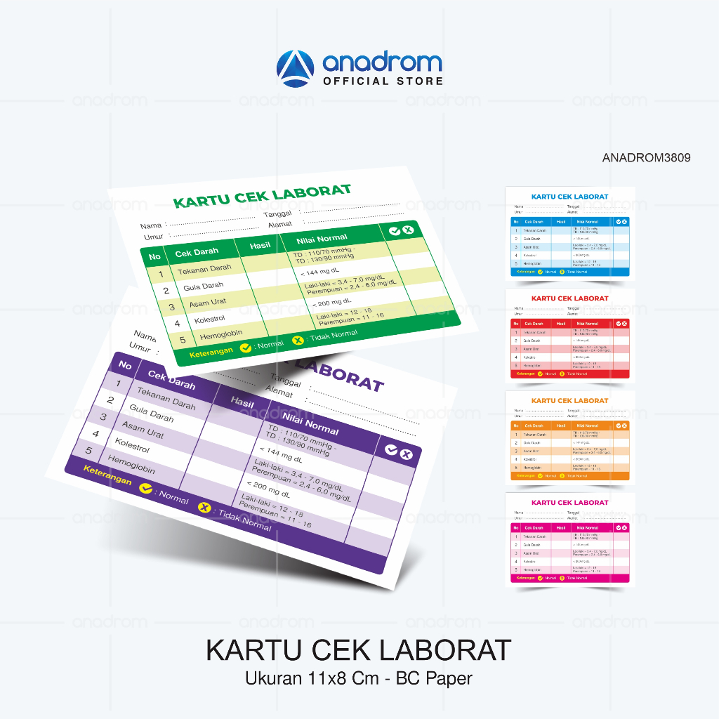 

Kartu Periksa Laborat | Kartu Kontrol Kesehatan | Kartu Cek Laboratorium | Kartu Pemeriksaan Laborat | Kartu Cek Tekanan Darah | Gula Darah | Asam Urat | Kolestrol | Anarom 3809