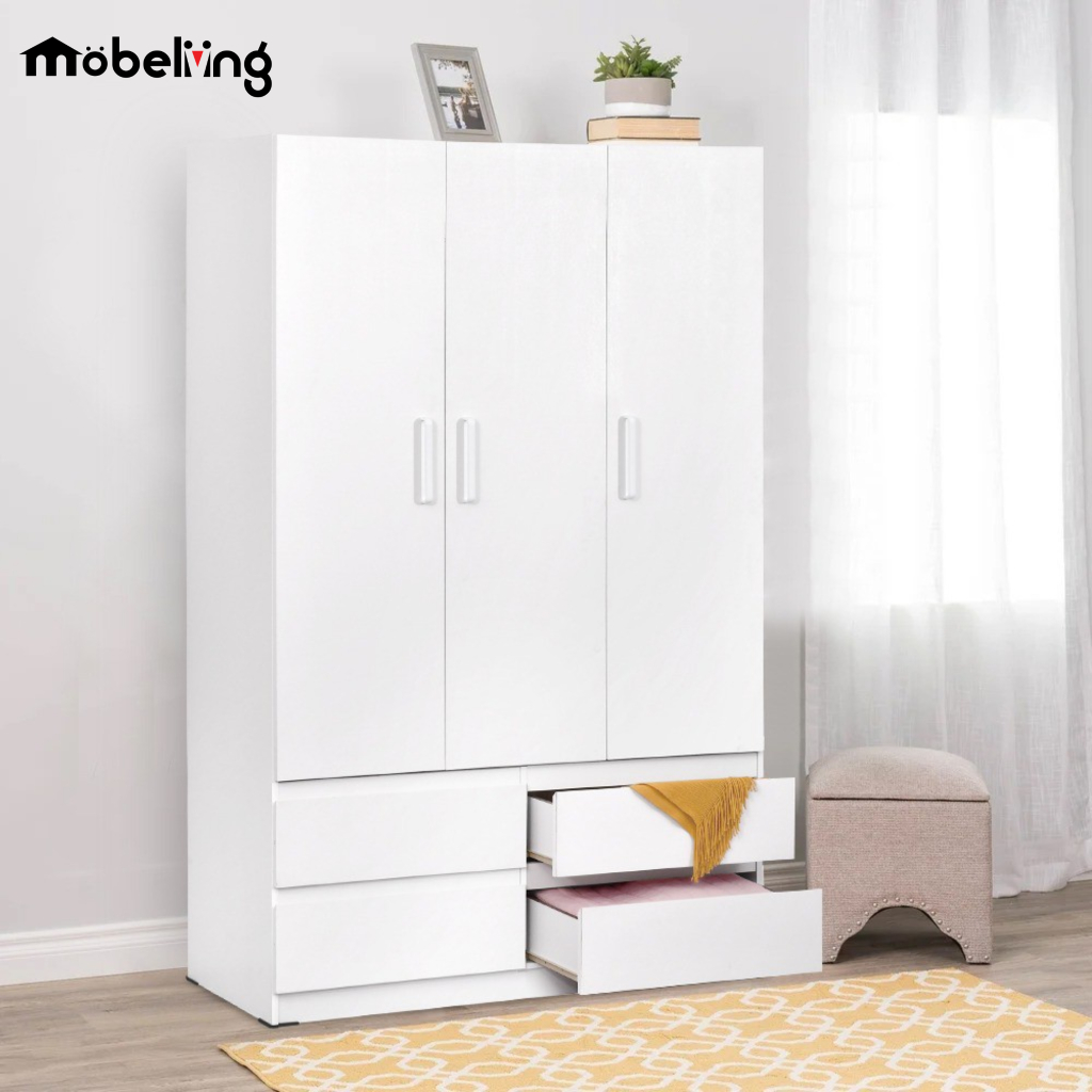 Mobeliving - Lemari Putih 3 Pintu dengan Laci minimalis WRT KYOTO