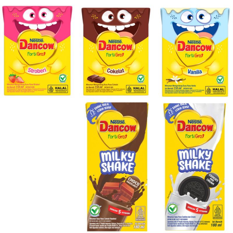 

Dancow UHT susu siap minum rasa coklat strawberry vanila baru milky shake hazelnut cookies & cream