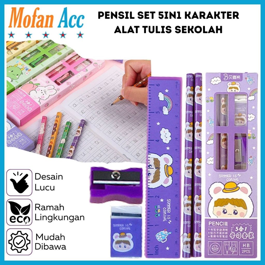 

Pensil Set 5in1 Karakter Lucu / Paket Alat Tulis Pensil Penghapus Penggaris Rautan Gambar Kartun Imut / Mini Stationery Character 5 Pcs ATK Perlengkapan Menulis Anak Sekolah Hadiah Kado Ulang Tahun Souvenir Goody Bag PAUD SD Unik Dino Bunny Bear Pencil