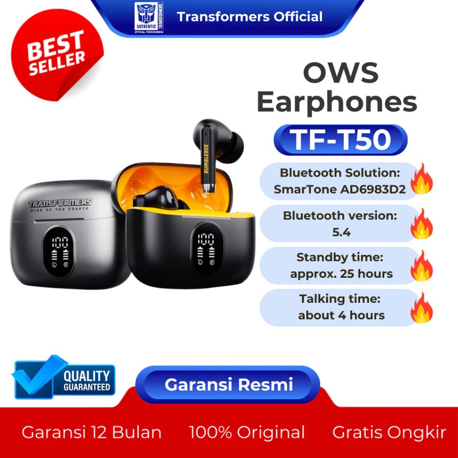 EARPHONE TRANSFORMERS TF-T50 TWS EARBUDS BLUETOOTH 5.4 - HEADSET GAMING - HEADSET WIRELESS - HEADSET