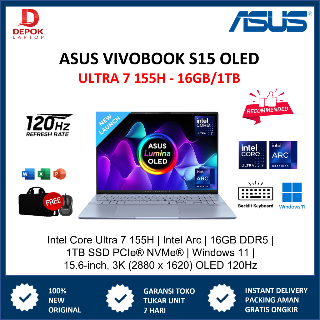 NEW LAPTOP ASUS VIVOBOOK S15 OLED S5506MA ULTRA 7 155H 16GB 1TB WINDOWS 11 15.6QHD IPS 3K 120HZ