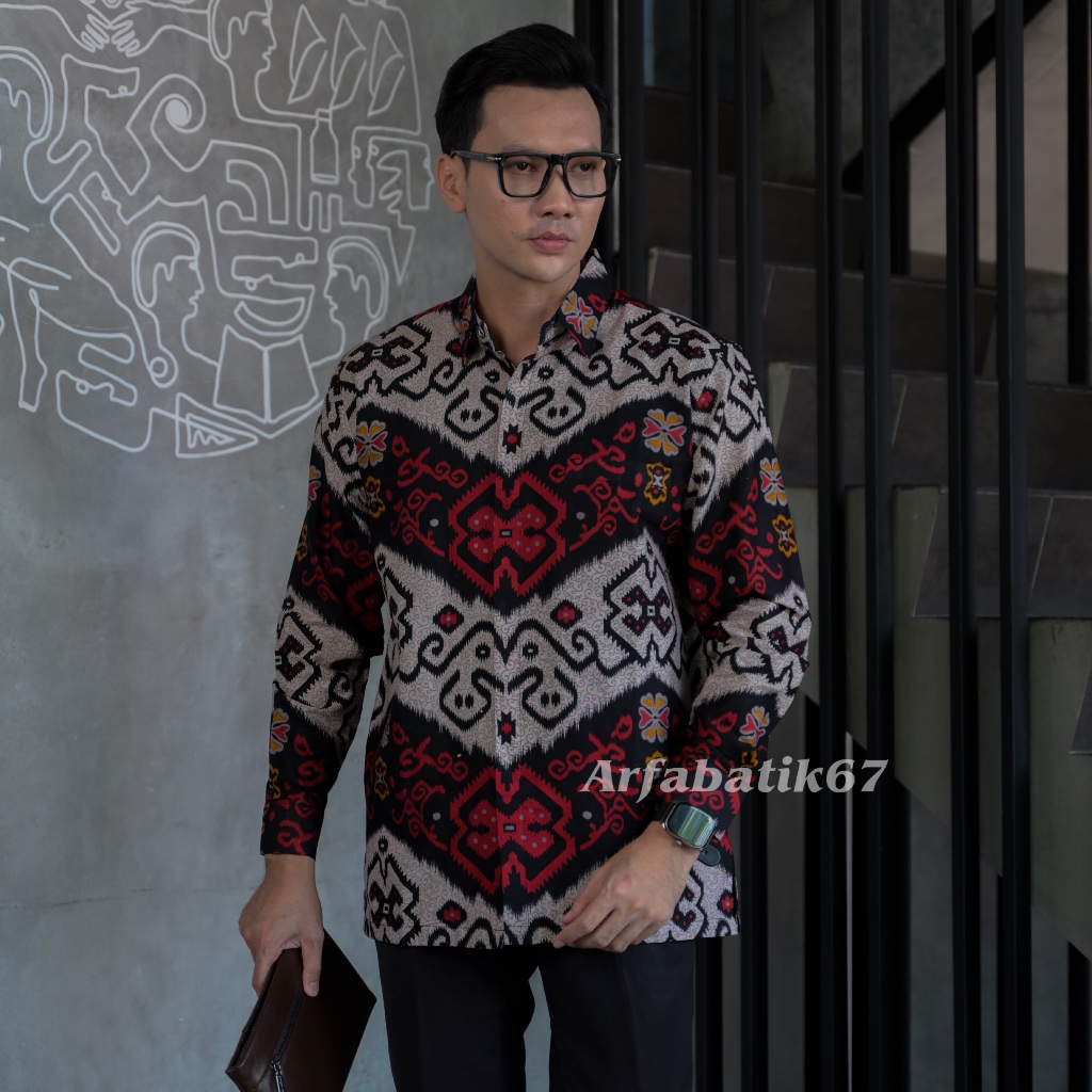 TENUN KALIMANTAN MERAH Kemeja batik pria lengan panjang dan lengan pendek katun prima halus lapis fu