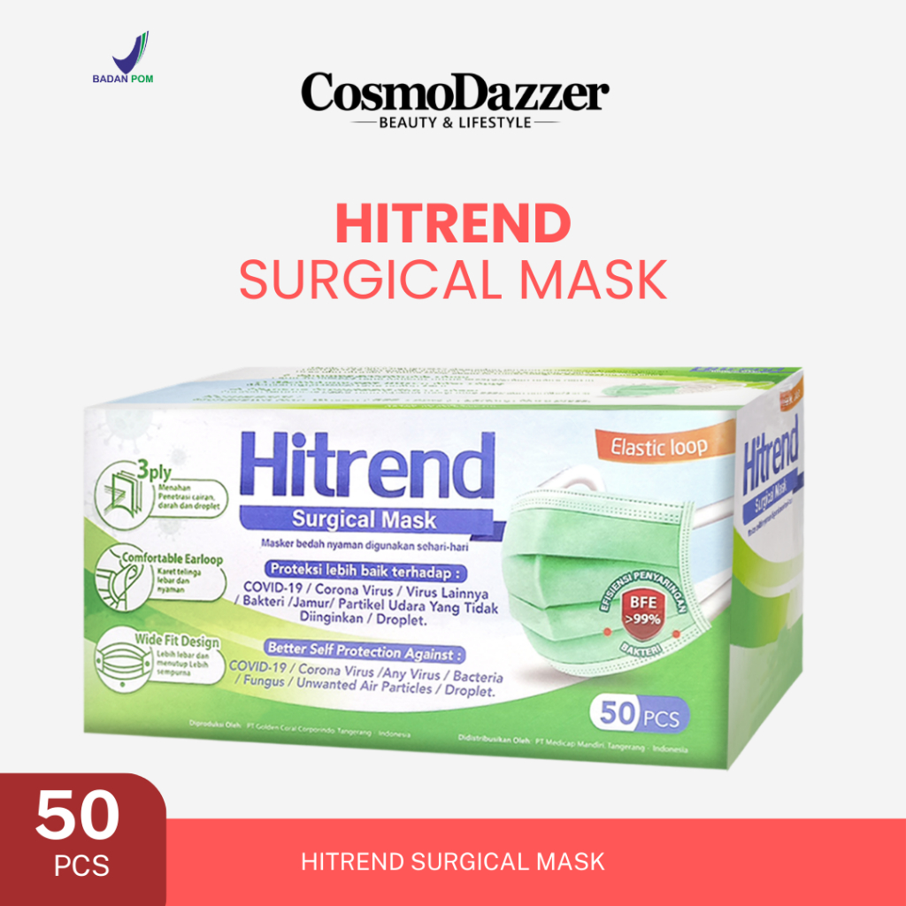 MASKER 3 PLY EAR LOOP SURGICAL MASK BFE >99% ELASTIC LOOP HITREND @ 50 PCS - MASKER BEDAH KEMENKES