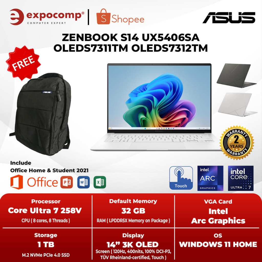 ASUS ZENBOOK S14 UX5406SA OLEDS7311TM OLEDS7312TM GREY ULTRA 7-258V TOUCH 32GB 1TB WIN + OH 2024 TOU